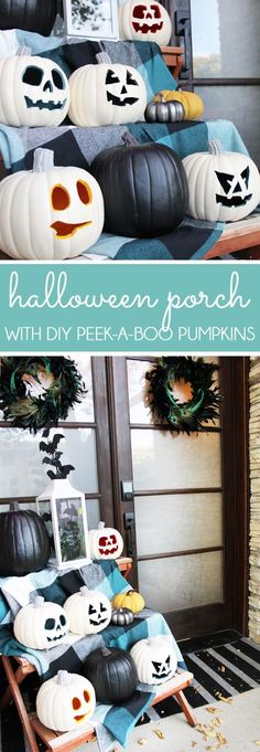 halloween porch decorations with diy peek - a - boo pumpkins on the table