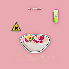 a bowl of cereal sitting on top of a pink counter next to a green flask