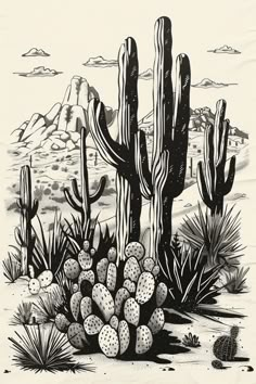 a black and white drawing of cactus plants in the desert with mountains in the background