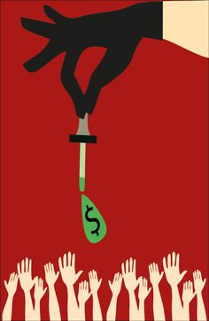 a hand holding a knife with money coming out of it and people raising their hands in the air