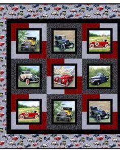 a quilt with pictures of old cars on the front and back, all in different colors