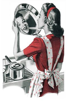 a woman in an apron is looking into a mirror while holding a pan over the stove