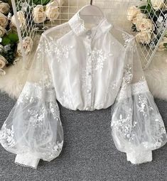 Womens Lace Tops, Lantern Sleeved Blouses, Lace Top Long Sleeve, Elegant Blouses, Embroidery Blouse, Elegant Shirt, Cotton Blouse, Lace Flowers, White Blouse