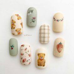 Nail Natural, Almond Acrylic Nails Designs, Funky Nail Art, Bears Nails, Strawberry Bear, Soft Nails, Kawaii Nails, Summer Acrylic Nails, Pink Acrylic Nails