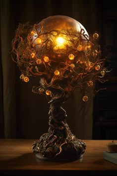 a tree with lights in the shape of a globe on top of a wooden table