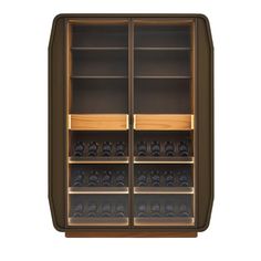 a brown cabinet filled with lots of bottles and glasses on top of each shelf in front of a white background