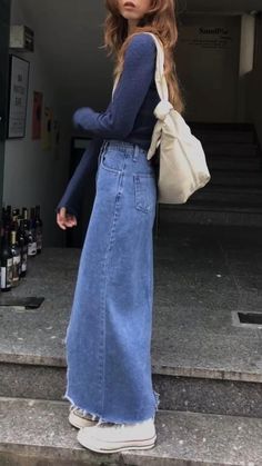 Denim skirt outfit inspo | cute everyday summer inspo Long Jean Skirt Outfits Fall, Long Denim Skirt Outfit Summer, Jean Skirt Outfits Fall, Denim Skirt Outfit Fall, Long Jean Skirt Outfits, Long Denim Skirt Outfit, Long Denim Skirts, Denim Skirt Outfit, Jean Skirt Outfits