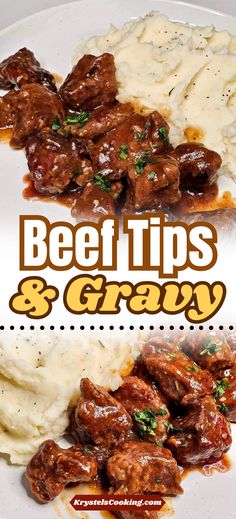 beef tips and gravy on a plate with mashed potatoes