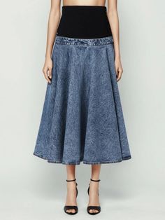 Knitted Splicing A Line Denim Skirt Dark Wash Denim Midi Skirt, Chic Denim Flared Skirt, Medium Wash Relaxed Fit Denim Midi Skirt, Chic Blue Stretch Denim Skirt, Relaxed Denim Skirt In Blue, Relaxed Denim Skirt In Denim Blue, Denim Lined Midi Skirt, Relaxed Denim Blue Skirt, Relaxed Denim Blue Denim Skirt