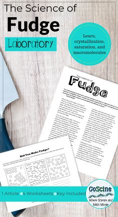 the science of fudge laboratory activity book with scissors and paper on wooden table next to it