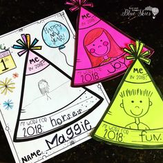 three children's birthday hats are shown with the names of each child on them