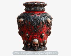 a red and black vase with skulls on the bottom is featured against a white background