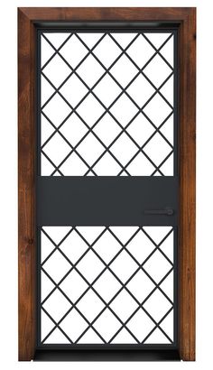 an image of a wooden door with metal grids on the glass and wood frame