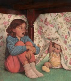 a painting of two children sitting under a bed