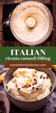 an italian ricotta cannoli filling in a bowl with chocolate chips on the side