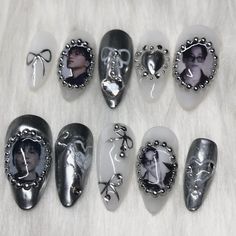 🖤 THE CUSTOM PART OF THE NAIL IS THE PHOTOS! IF YOU WOULD LIKE ANY OTHER CHANGES PLEASE DONT BUY THIS SET AS ITS PREMADE DESIGN. YOU WOULD HAVE TO INQUIRE ABOUT A CUSTOM ORDER. TY! 🖤 These are handmade press on's created by me! You can custom pick the idol or photos to use on the nails! YOU CAN USE ANY 3 PHOTOS YOU WANT (DOES NOT HAVE TO BE KPOP)! What's included?  - 10 nails  - nail glue - file - cuticle pusher - instructions Nail Shape in the photo: Medium Almond How to figure out your nail Enhypen Nails, Concert Outfit Black, Idol Nails, Nails With White, Fake Nails Designs, Kpop Concert Outfit, Kpop Concert, Medium Almond, Korean Nails