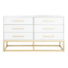 a white dresser with gold handles and drawers on the bottom, against a white background