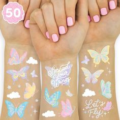 PRICES MAY VARY. Spread Your Wings: Our pastel butterfly tattoos are the party decor you've been looking for + a guaranteed hit! Time To Fly: two sheets with a total of 70 iridescent tattoos featuring handdrawn designs of butterflies, clouds, stars, hearts, flowers + more that guests will absolutely love! Pretty Pastel: our fun temporary tattoos have been put through rigorous party testing and are 100% guaranteed to last day into night - the perfect birthday party decorations! The Perfect Party Butterfly Themed 2nd Birthday Party, Butterfly 5th Birthday Party, Our Little Butterfly Is Turning One, Butterfly Pool Party, Butterfly 1st Birthday Party Theme, Garden Arts And Crafts, Butterfly Theme Birthday Decoration, Butterfly Party Ideas, Butterfly Garden Birthday Party