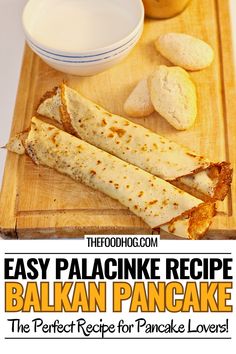 the recipe for easy palacine recipe is displayed on a cutting board with bread sticks