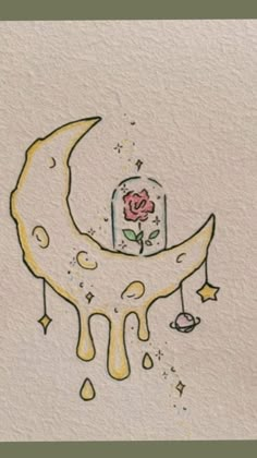 a drawing of a crescent moon with a rose on it