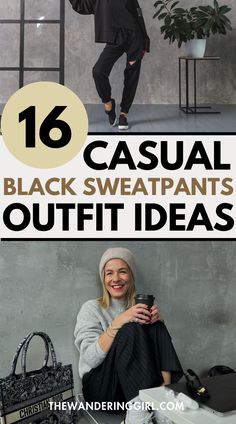 Struggling to know what to wear with black sweatpants? This post shows you 16+ best black sweatpants outfit ideas you'll love for fall and winter. If you love street style outfit ideas, the sweatpants aesthetic, sweatpants fashion outfits, lazy outfits, casual sweatpants outfit ideas, or cute sweatpants outfits, check out this post on how to style black sweatpants! Dress Up Sweatpants Outfits Winter, How To Style Black Joggers, Black Joggers Outfit Winter, Dressy Sweatpants Outfit, What To Wear With Black Sweatpants, How To Dress Up Sweatpants, Style Black Sweatpants, How To Style Black Sweatpants