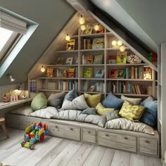 an attic bedroom with bookshelves and toys on the floor in front of it