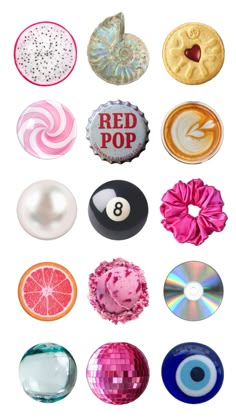 various types of buttons and discs on a white background with the words red pop written above them