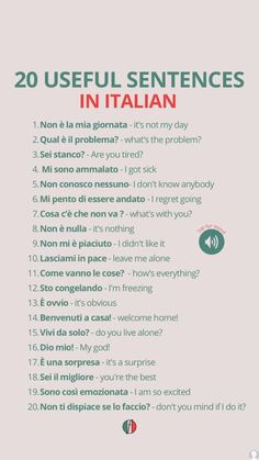 a poster with the words 20 useful sentences in italian