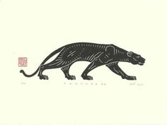 a black and white drawing of a panther with chinese writing on the back ground below it