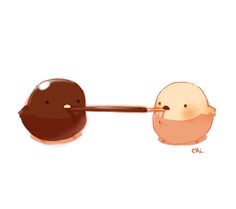 an illustration of two chocolate birds with spoons in their mouths