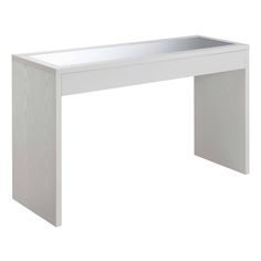 a white desk with a glass top on the bottom and one drawer at the end