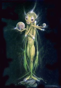 an alien holding two crystal balls in its hands and looking at the camera with one eye open