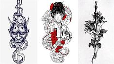 four different tattoo designs on white paper