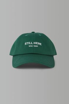 Dad Cap in Green – Still Here New York Chain Stitch Embroidery, 6 Panel Cap, Paint Stripes, Dad Cap, Fabric Strap, Dad Caps, Ads Creative, Brass Buckle, Caps For Women