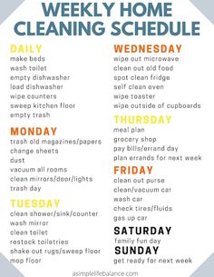 a cleaning schedule with the words weekly home cleaning schedule