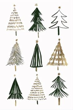 christmas trees are drawn in different colors and sizes