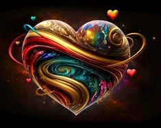 a heart shaped object with colorful swirls and hearts in the center on a black background