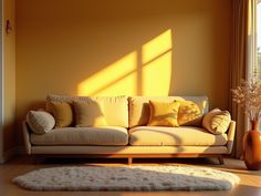 a living room with yellow walls and white carpeted flooring is pictured in this image