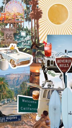 a collage of photos with surfboards, cars and palm trees in the background