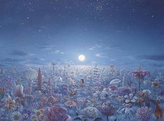 a painting of flowers in the night sky