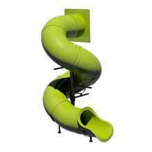 an inflatable water slide on top of a metal stand with two green slides