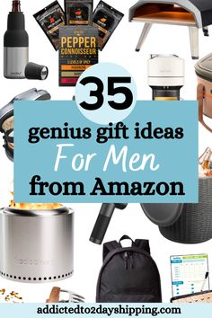 the words 35 genius gift ideas for men from amazon on top of an image of various items