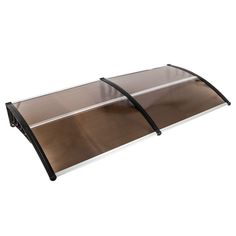 a metal and glass shelf with two black straps on it's sides, against a white background