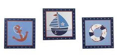 three framed art pieces depicting sailboats and life preservers, each with an anchor