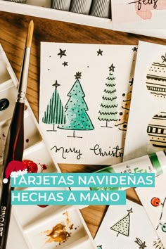 some cards with christmas trees on them and the words tarjetas naviddenas hechas a mano