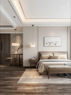 a bedroom with wood flooring and white walls