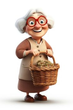 an old woman with glasses holding a basket full of coins and looking at the camera