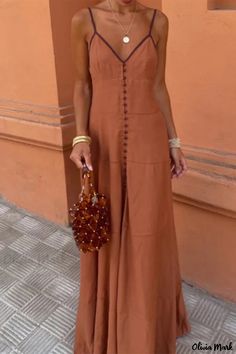 Olivia Mark - Luxurious Sleeveless Vacation V-Neck Maxi Dress Button Maxi Dress, Dirndl Outfit, Vintage Long Dress, Bandeau Tops, Rock Outfit, Sleeveless Outfit, Mini Robes, Sling Dress, Spaghetti Strap Dresses