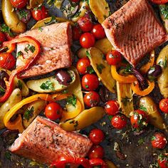 salmon and vegetables on a baking sheet with the word diet written in red above it