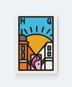 a square sticker with an image of buildings and a clock